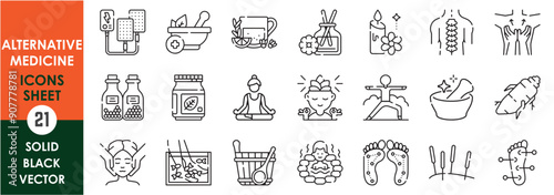 A set of line icons related to Alternative Medicine. Aromatherapy, Chiropractic, Homeopathy, Meditation, traditional medicine, Spa, Herbal, natural, organic and so on.