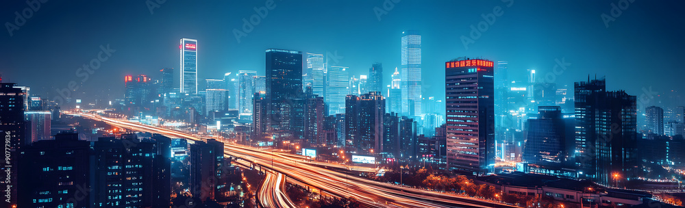 A Panoramic View of the City Skyline at Night with Illuminated Buildings A Panoramic View of the City Skyline at Night with Illuminated Buildings