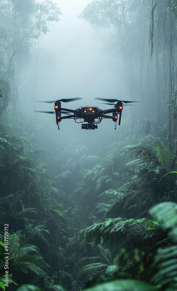 Fototapeta premium Drone flying through foggy forest
