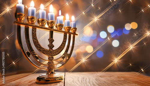 Jewish Holiday Hanukkah Celebration with Menorah and Candles: Traditional Candelabra Design photo