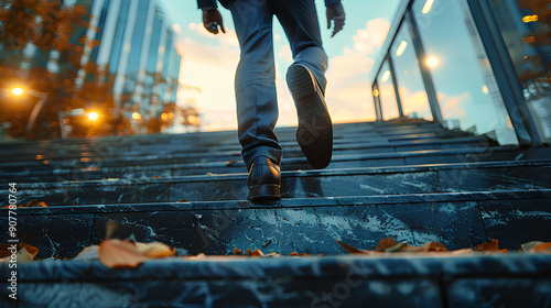 Lower half of a businessman in a suit climbing up stairs outdoors