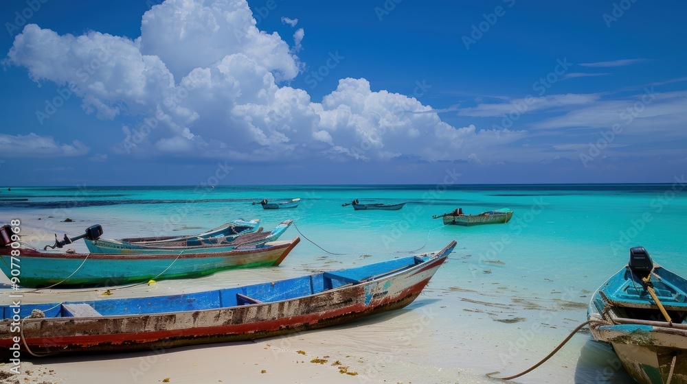 Obraz premium Several colorful wooden boats are resting on the white sand of a tropical beach with turquoise water and a blue sky with white clouds