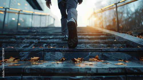 Lower half of a businessman in a suit climbing up stairs outdoors