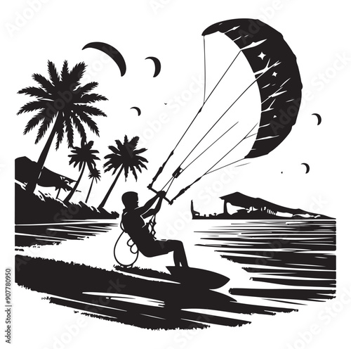 Kitesurfing Kite Surfing silhouette vector on white background.