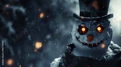A terrible snowman with a scary expression and a top hat,