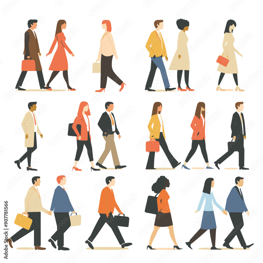 Diverse group individuals walking, varied ethnicities, genders depicted. Professionals going about their day, men suits, women dresses heels. Flat design style, side view people move