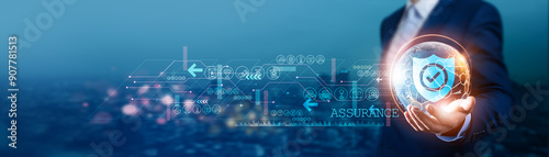 Businessman holds global assurance with a network connected to quality control, risk management, and compliance standards. Sustainable development is essential to long-term success, stakeholder trust.