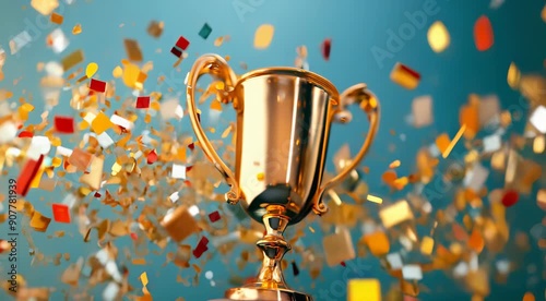 Golden trophy with confetti and ribbons against a blurred blue background, celebrating victory or achievement.