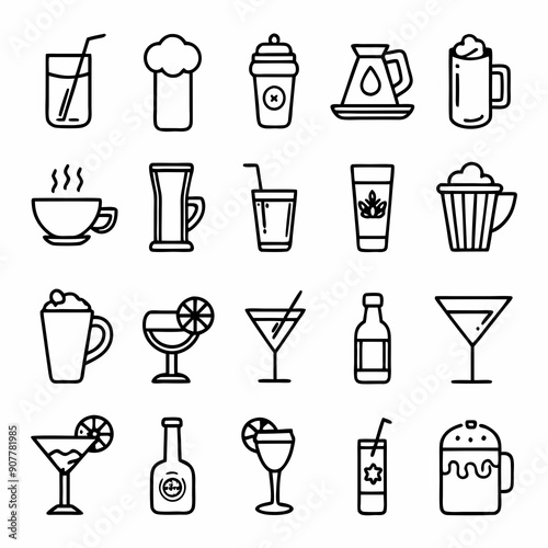 Drinks and beverages outline icons set art vector illustration