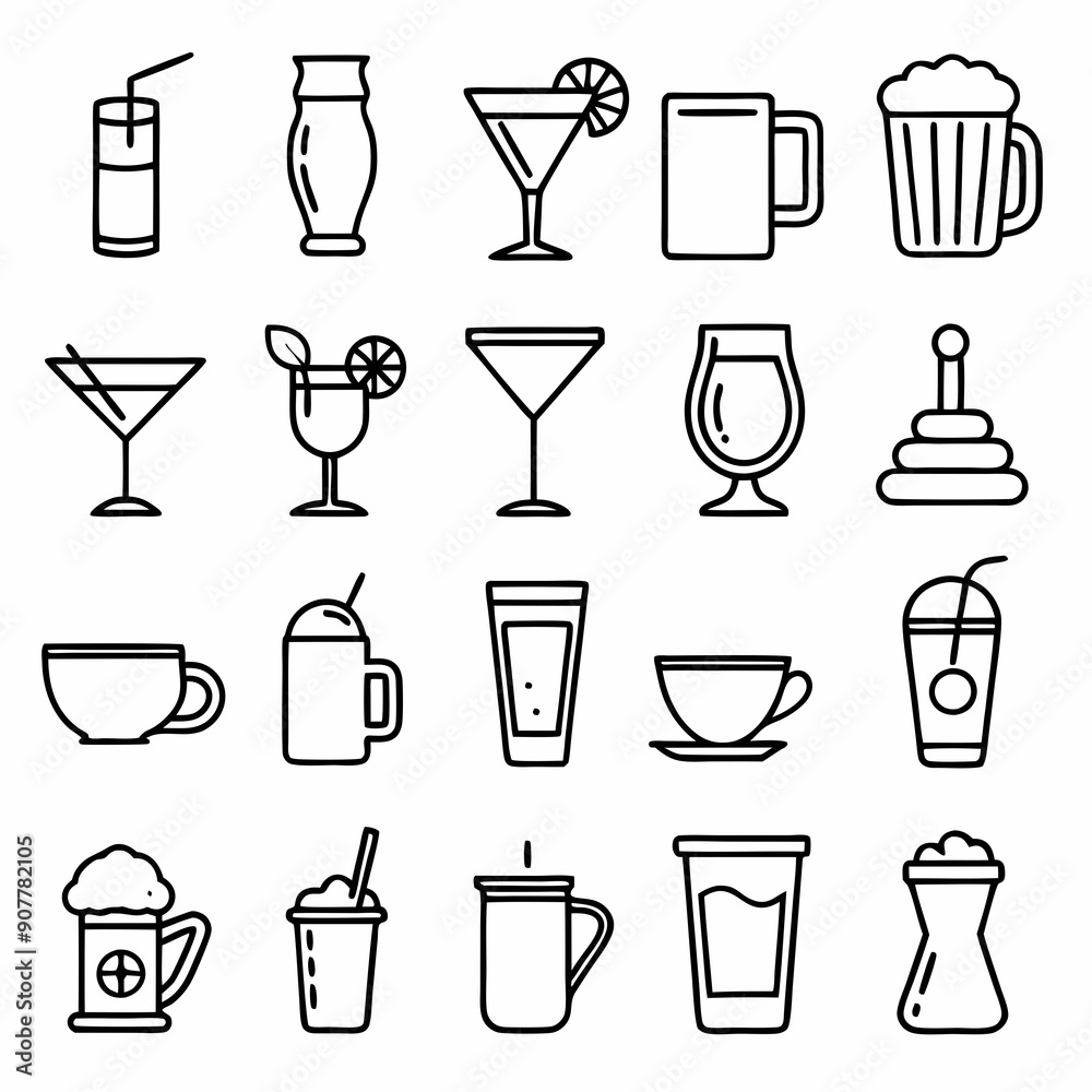 Drinks and beverages outline icons set art vector illustration Drinks and beverages outline icons set art vector illustration