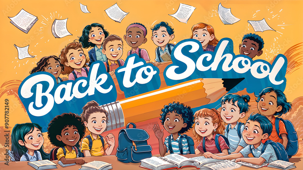 Colorful cartoon illustration happy children with school supplies and a ...