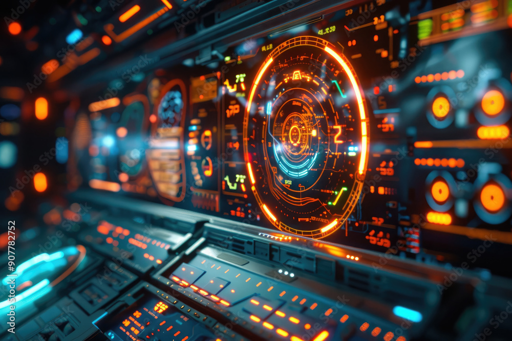 Monitor with digital holograms, futuristic background. Control panel Monitor with digital holograms, futuristic background. Control panel
