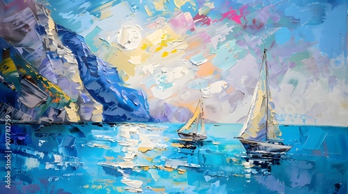 Sailing boats on the sea.Modern Art Oil Painting