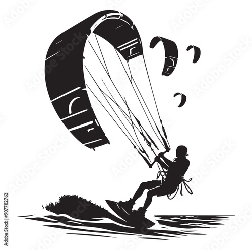  Kitesurfing Kite Surfing silhouette vector on white background.