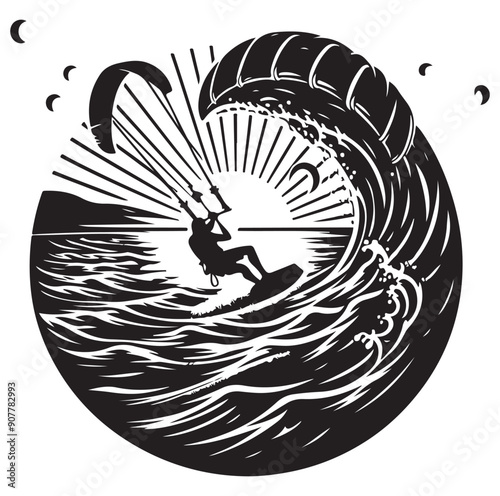  Kitesurfing Kite Surfing silhouette vector on white background.