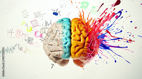 3D symbolic representation of the left and right brain hemispheres, logic and creative brain, colorful, abstract, on white background