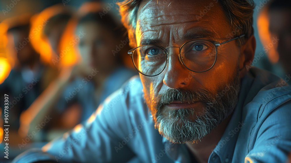 Close-up of a thoughtful mature man wearing glasses with a beard, surrounded by blurred background people in a modern setting. Close-up of a thoughtful mature man wearing glasses with a beard, surrounded by blurred background people in a modern setting.