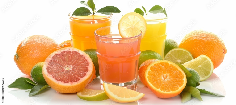 Colorful Citrus Juice Blend in Clear Glass Tumbler Surrounded by Fresh Fruits - Summer Refreshment Colorful Citrus Juice Blend in Clear Glass Tumbler Surrounded by Fresh Fruits - Summer Refreshment