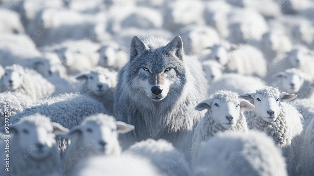 Obraz premium wolf in the middle of a flock of sheep
