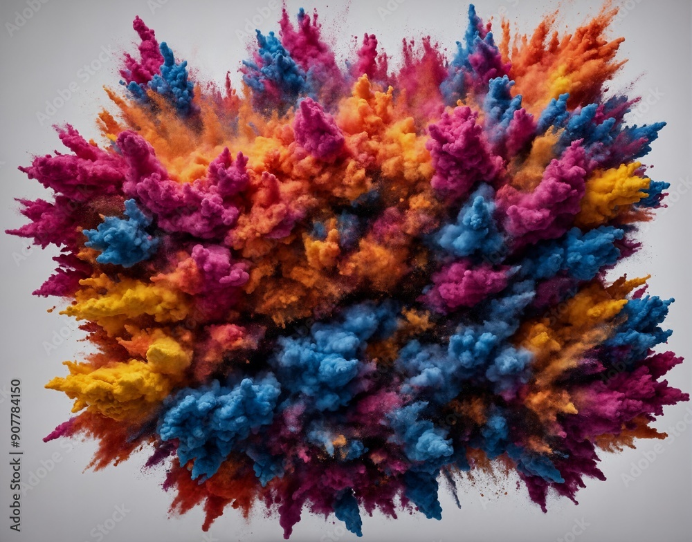 Intensive Explosion von buntem Pulver in kräftigen Blau-, Rosa- und Gelbtönen, die eine lebendige und dynamische Wolke in alle Richtungen erzeugen Intensive Explosion von buntem Pulver in kräftigen Blau-, Rosa- und Gelbtönen, die eine lebendige und dynamische Wolke in alle Richtungen erzeugen