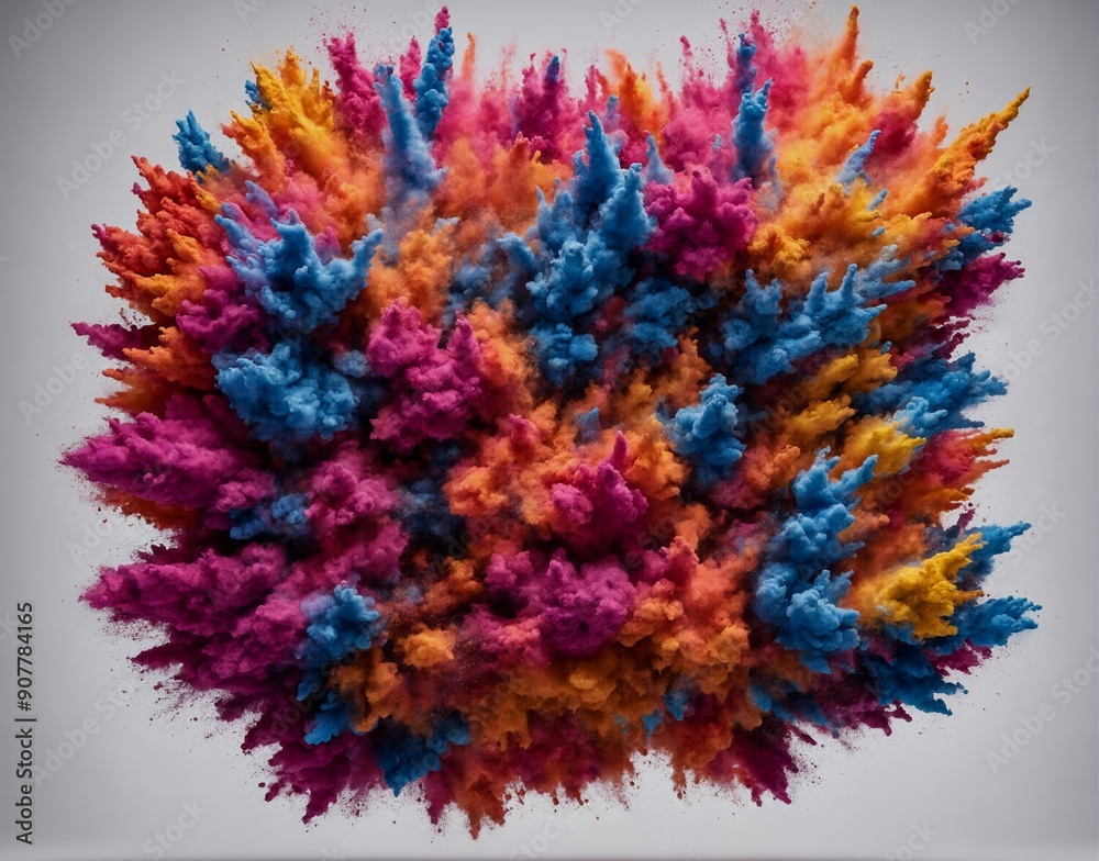 Spektakuläre Explosion von buntem Pulver in kräftigen Blau-, Rosa- und Orangetönen, die ein lebendiges und dynamisches Muster in der Luft formen