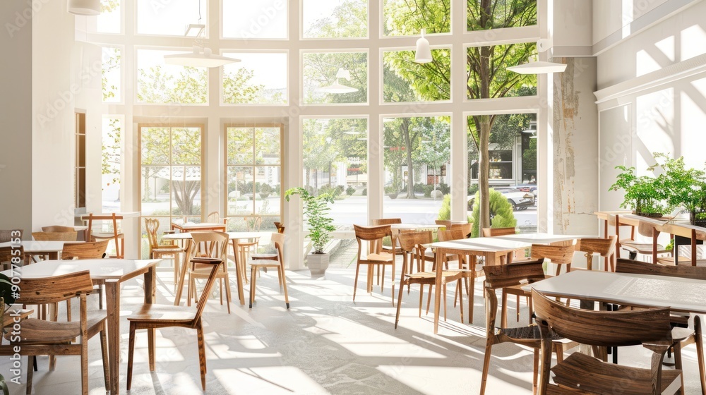 Fototapeta premium Sunny Cafe Interior with Wooden Furniture