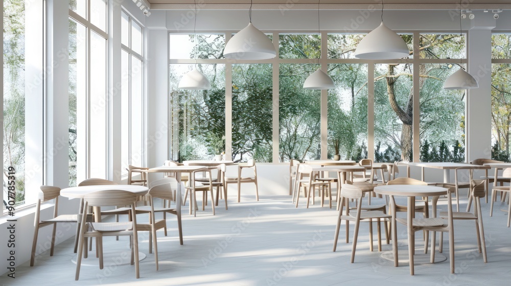 Obraz premium Minimalist Cafe Interior with Large Windows