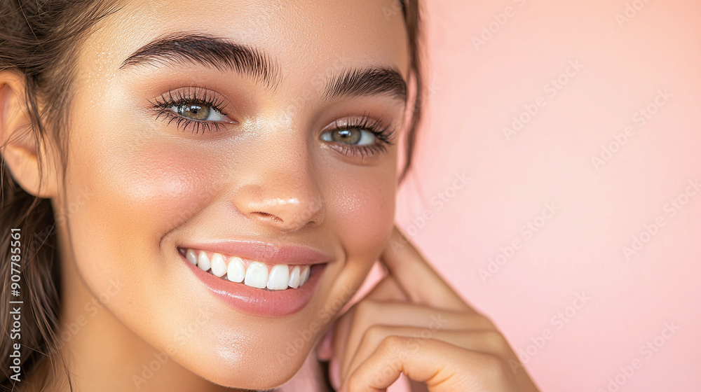Naklejka premium portrait of beautiful young beauty influencer on soft pink background
