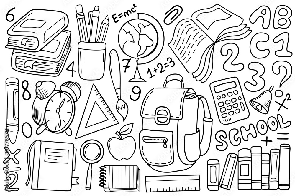 Back to school illustrations set with line art stationary. Hand  drawn books, letters, numbers, notepads and other school objects.