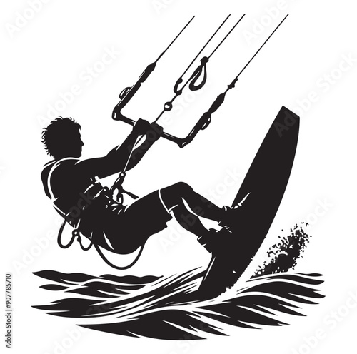  Kitesurfing Kite Surfing silhouette vector on white background.