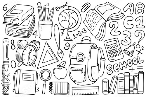 Back to school illustrations set with line art stationary. Hand  drawn books, letters, numbers, notepads and other school objects.