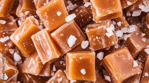 Pile of unwrapped caramel candies, each showing sea salt grains