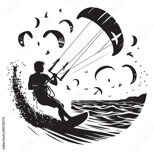  Kitesurfing Kite Surfing silhouette vector on white background.