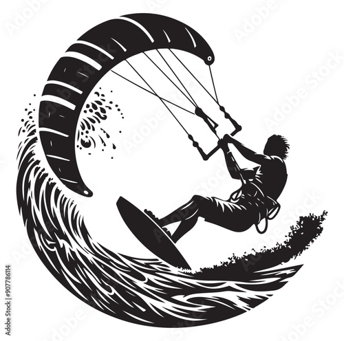  Kitesurfing Kite Surfing silhouette vector on white background.