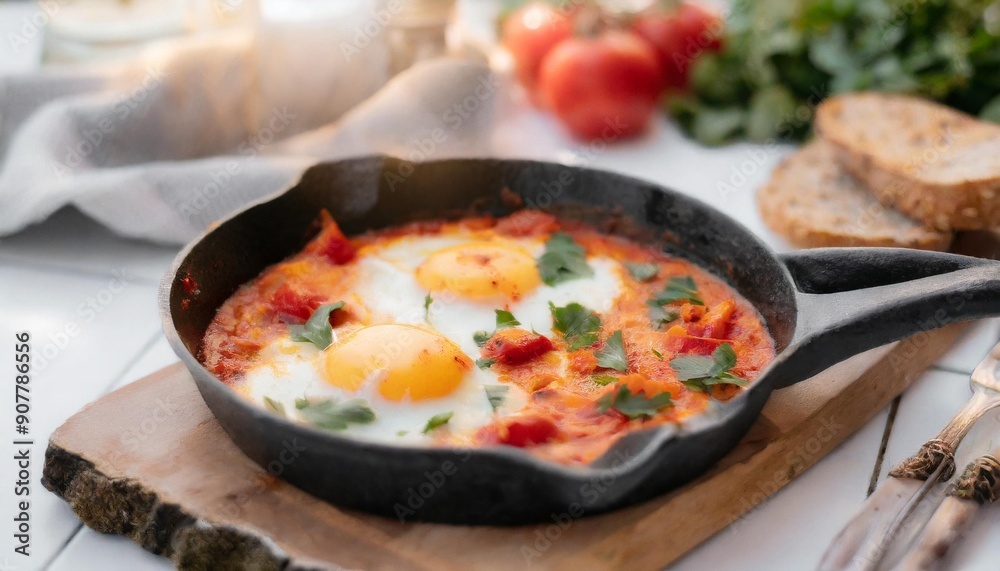 Tasty Shakshuka: Poached Eggs in Spicy Tomato Sauce with Peppers Tasty Shakshuka: Poached Eggs in Spicy Tomato Sauce with Peppers