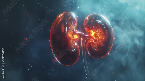 A pair of kidneys are shown in a close up, with one of them having a red glow