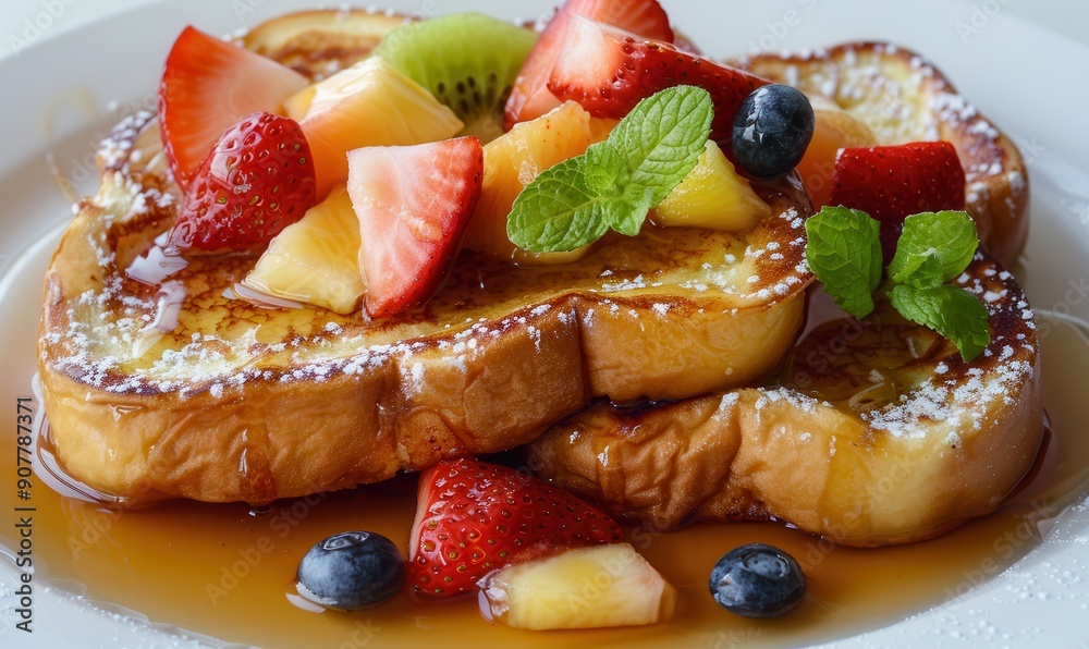 French toast topped with fresh fruit and powdered sugar. French toast topped with fresh fruit and powdered sugar.