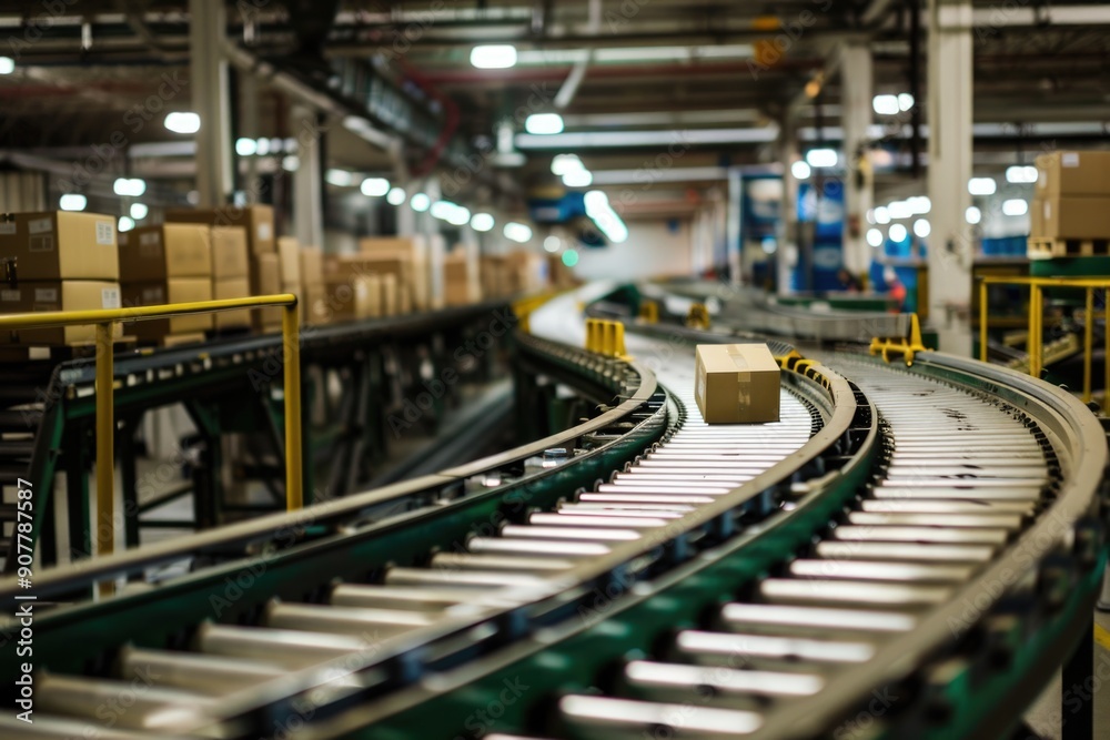 Warehouse with boxes on a conveyor belt, showcasing the process of package sorting and logistics in an organized industrial environment. Warehouse with boxes on a conveyor belt, showcasing the process of package sorting and logistics in an organized industrial environment.