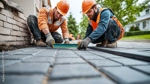 A telephoto angle photo of two workers collaborating to adjust the alignment of a paving slab, using a level to ensure precision, with copy space