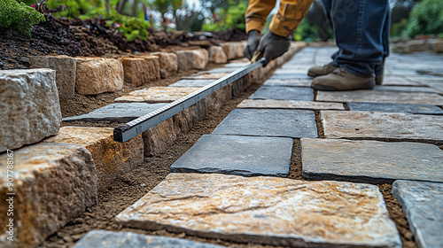 A telephoto angle photo of a worker checking the evenness of a newly laid section of paving slabs with a long straightedge, with copy space photo