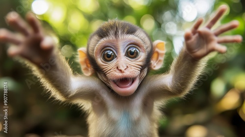 A cute baby monkey with a wide grin and curious eyes reaches towards the camera, taking a funny and cute selfie with a looped background that is not very blurry photo