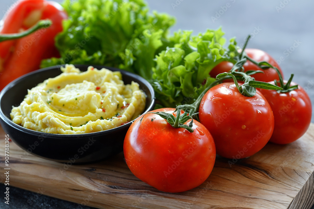 Fresh tomatoes and creamy dip with lettuce, healthy appetizer ingredients on wooden board, close-up of vibrant red tomatoes and yellow spread for Mediterranean-inspired snack Fresh tomatoes and creamy dip with lettuce, healthy appetizer ingredients on wooden board, close-up of vibrant red tomatoes and yellow spread for Mediterranean-inspired snack