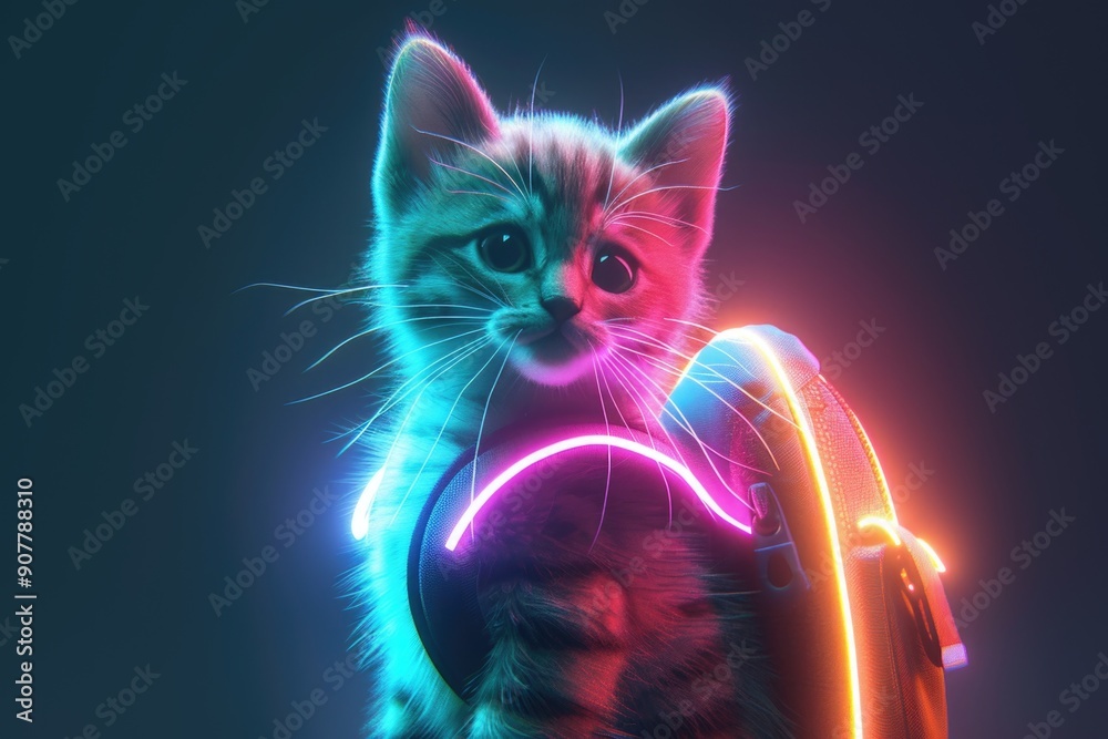 Cute kitten with a backpack illuminated by red and blue neon lights, creating a futuristic and adorable scene. Cute kitten with a backpack illuminated by red and blue neon lights, creating a futuristic and adorable scene.