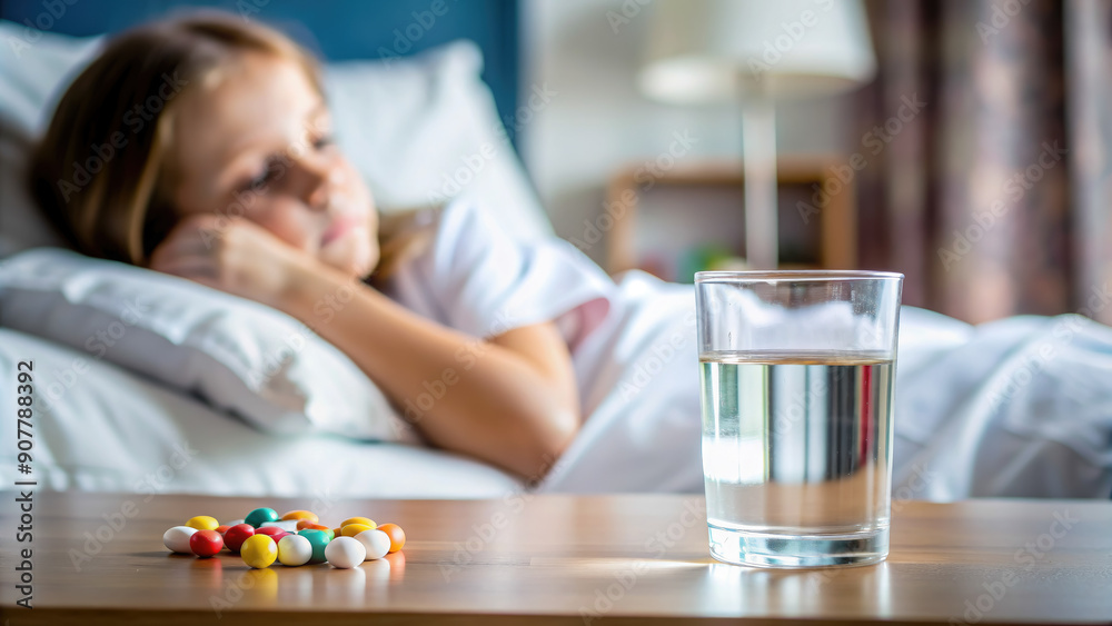 glass of water, medicines on the bedside table against the background of the bed, sick person, child, cold, seasonal illness, treatment, virus, flu, fever, room, weakness, pills, vitamins, sick leave glass of water, medicines on the bedside table against the background of the bed, sick person, child, cold, seasonal illness, treatment, virus, flu, fever, room, weakness, pills, vitamins, sick leave