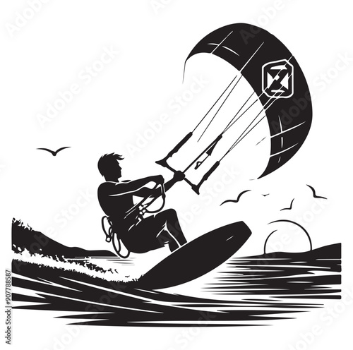 Kitesurfing Kite Surfing silhouette vector on white background.