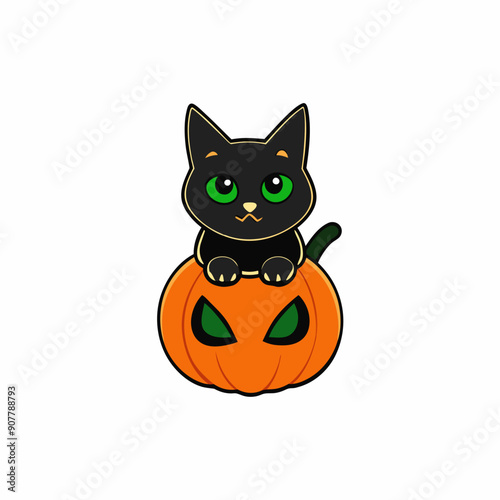 A sticker of A black cat with glowing green eyes sitting on a pumpkin