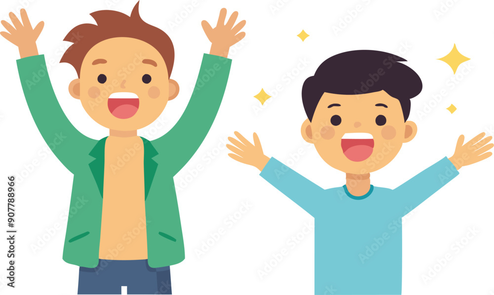 Two animated boys cheerfully celebrate, raising their arms in excitement and joy. Two animated boys cheerfully celebrate, raising their arms in excitement and joy.