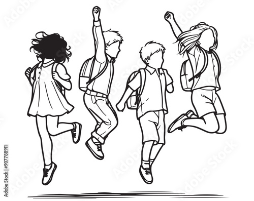 Silhouette happy schoolchildren jumping up, sketch