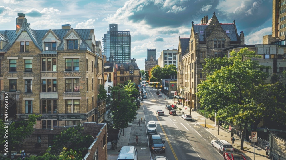 Fototapeta premium City Street with Old Buildings and Cars.