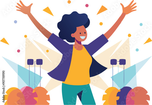A cheerful person celebrates amidst colorful decorations and joyful attendees in a lively party atmosphere.